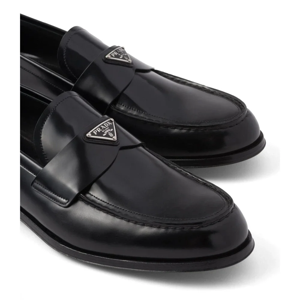 Prada Black Brushed Leather Triangle Logo Classic Loafer SlipOn Flat UK 12 US 13 - Picture 5 of 16